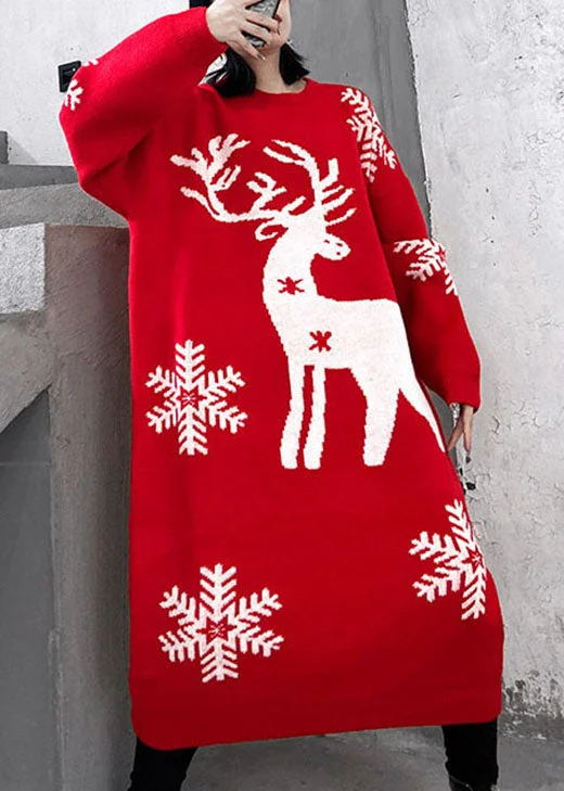 Natural Red Print Thick Loose Winter Knit Sweater Dress Soft Knit Sweater