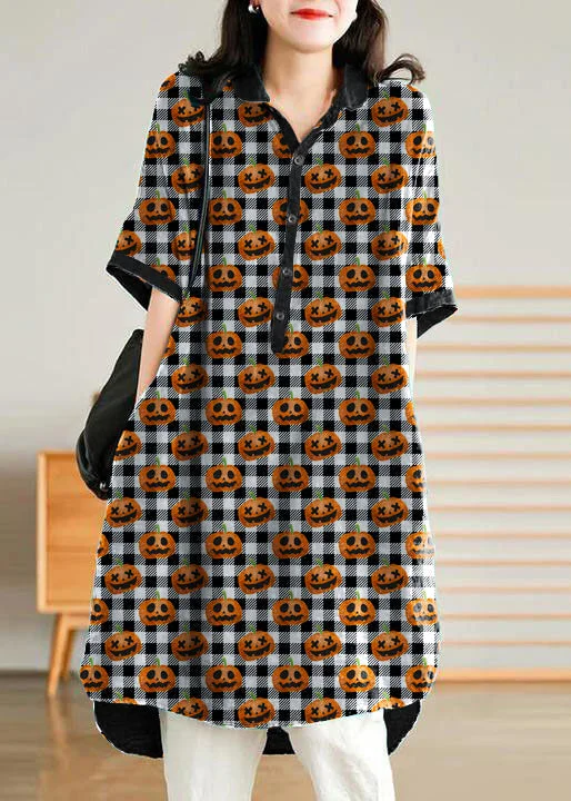 Jade black-pumpkin stripes polka dots Linen Women Casual Linen Shirt Dress Casual Fit Shirt