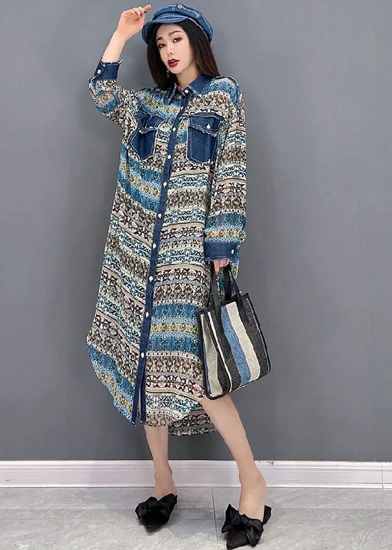 Beautiful Blue Peter Pan Collar Denim Patchwork Chiffon Shirt Dress Long Sleeve V-neck Shirt Dress Beautiful Blue Peter Pan Collar Denim Patchwork Chiffon Shirt Dress Long Sleeve V-neck Shirt Dress