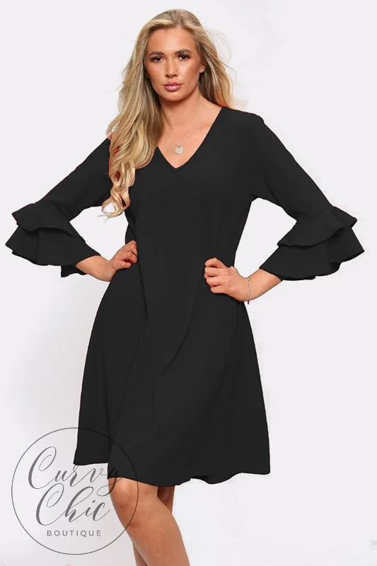 V-neck Plus Size Fluted Sleeve Midi Dress in Black Plus Size Tunic