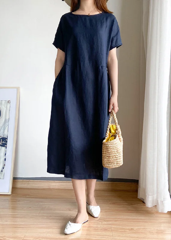 Solid Navy O-Neck Cinched Linen Shirt Top Short Sleeve Shirt Dress Fashion