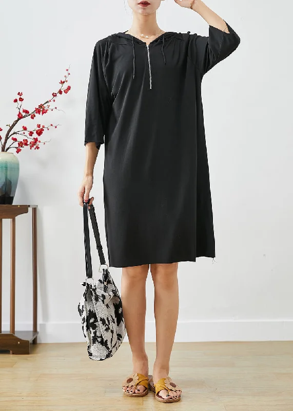 Black Cotton Loose Sweatshirts Dress Oversized Zippered Summer Button Front Shirt
