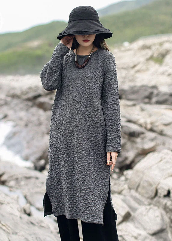 Vintage Grey Jacquard side open Knit Long Sweater Winter Fitted Sweater Dress