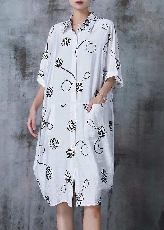 Fitted White Oversized Print Cotton Shirt Dresses Summer Fit-and-Flare Shirt Dress