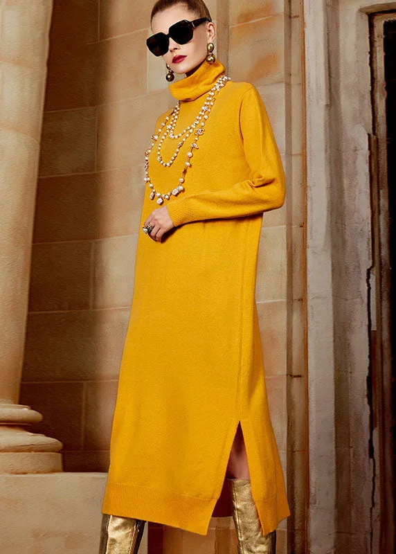 Beautiful Yellow Turtleneck Side Open Wool Knit Sweater Long Dresses Long Sleeve Casual Knit Sweater Beautiful Yellow Turtleneck Side Open Wool Knit Sweater Long Dresses Long Sleeve Casual Knit Sweater