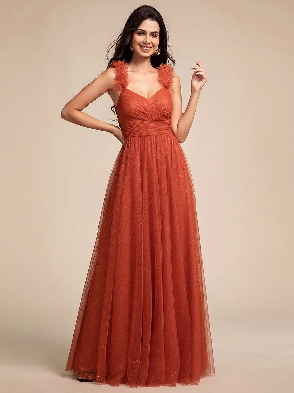 Romantic Deep V Neck Flying sleeve Tulle Bridesmaid Dresses with Gold Stamping Pleated decoration Stylish Tulle Dress Romantic Deep V Neck Flying sleeve Tulle Bridesmaid Dresses with Gold Stamping Pleated decoration Stylish Tulle Dress