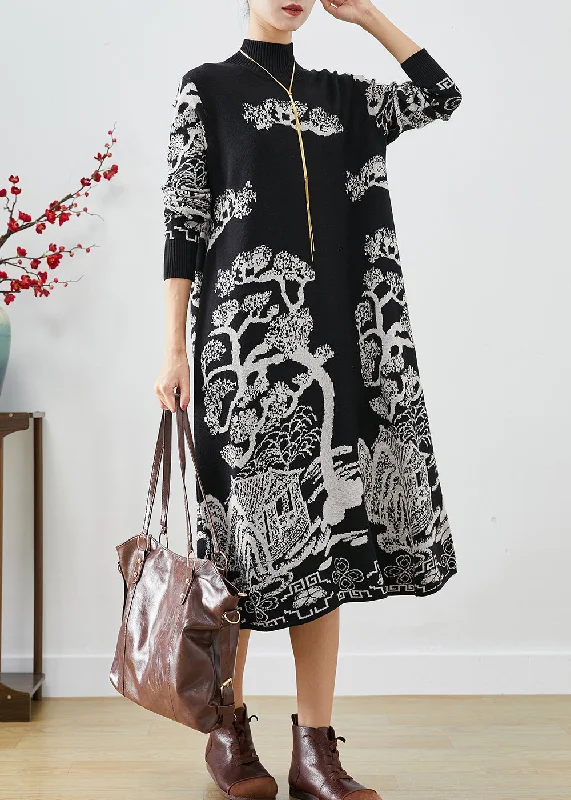 Chic Black High Neck Print Knit Sweater Dress Fall Cozy Bodycon Sweater