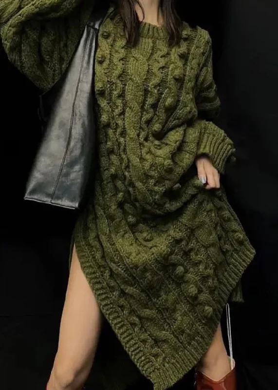 Boutique Green O-Neck Side Open Cable Knit Sweaters Dress Long Sleeve High Neck Sweater Dress
