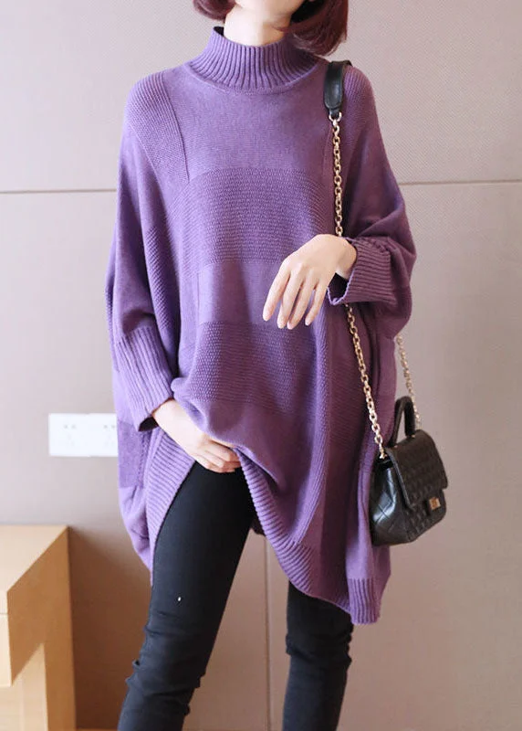 Art Purple Turtleneck Solid Loose Fall Long Sweater Sleeveless Sweater Dress