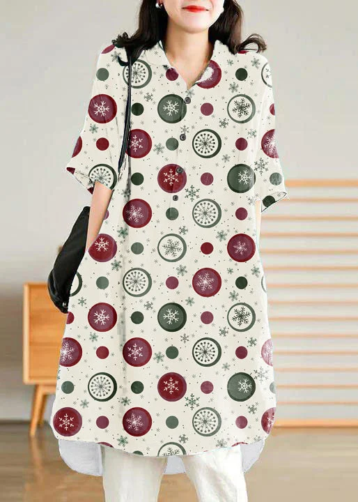 Jade white-snowflake Linen Women Casual Linen Shirt Dress Casual Button Shirt
