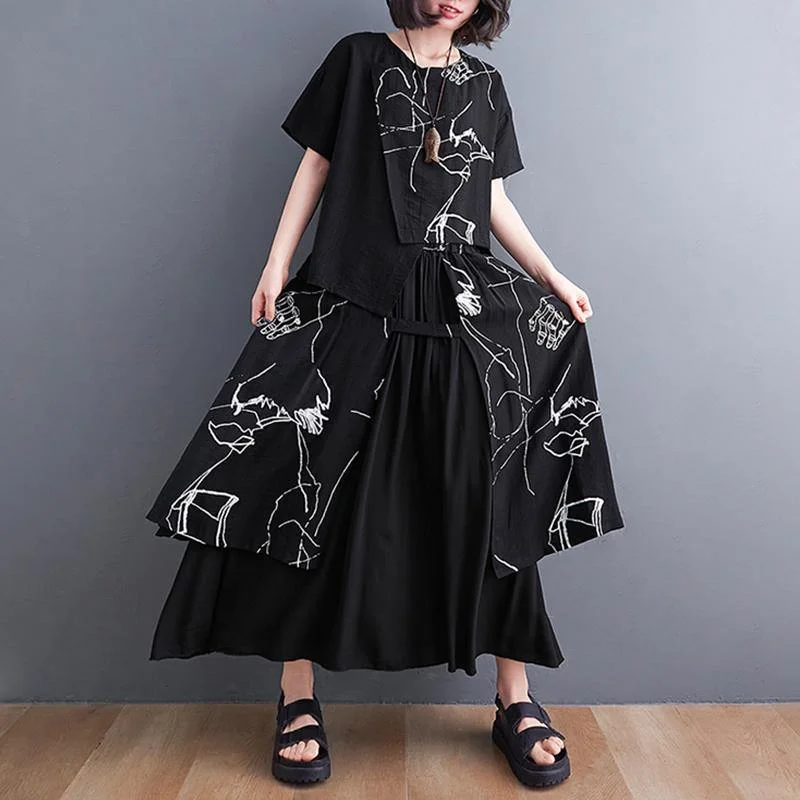 Black Print Short Sleeve Round Neck T-shirt Elastic Waist Skirt Suit Summer Simple Shirt Dress Black Print Short Sleeve Round Neck T-shirt Elastic Waist Skirt Suit Summer Simple Shirt Dress