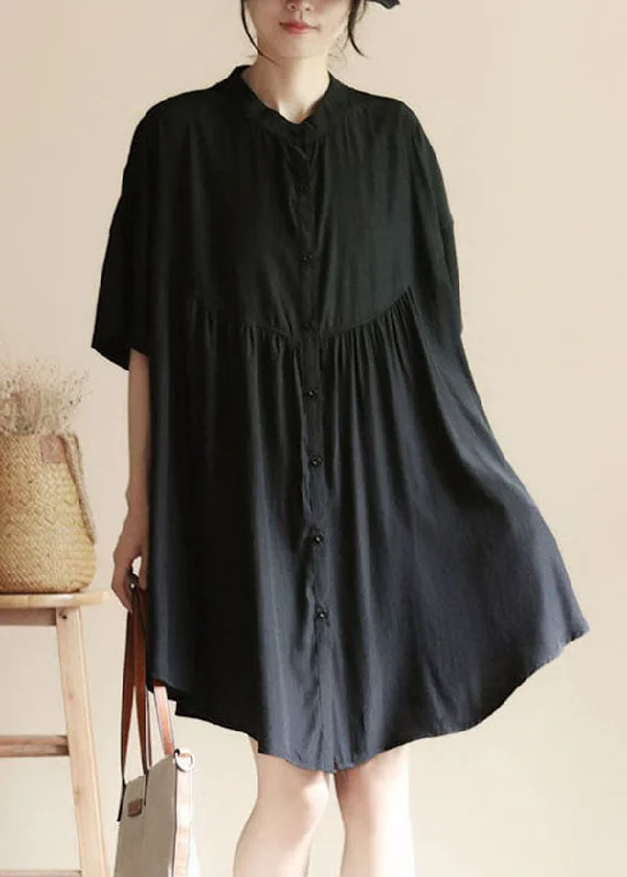 Handmade Black Stand Collar Patchwork Cotton Shirt Dress Summer Black Shirt Dress