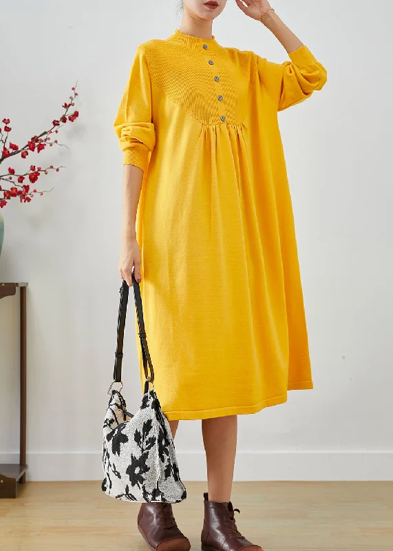 Women Yellow Stand Collar Patchwork Button Knit Sweater Dress Fall Fitted Sweater Gown Women Yellow Stand Collar Patchwork Button Knit Sweater Dress Fall Fitted Sweater Gown