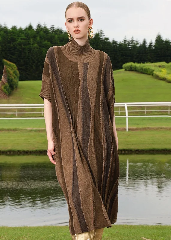 Loose Brown Striped Patchwork Woolen Knit Sweaters Long Dresses Short Sleeve Cozy Knit Sweater Dress Loose Brown Striped Patchwork Woolen Knit Sweaters Long Dresses Short Sleeve Cozy Knit Sweater Dress
