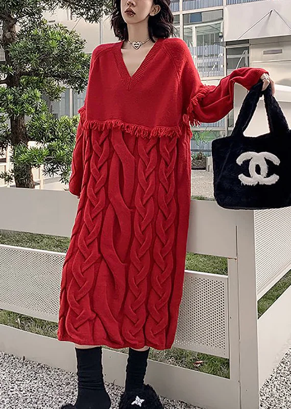 Style Red V Neck Tasseled Patchwork Cable Knit Sweaters Dresses Fall High Neck Knit Dress Style Red V Neck Tasseled Patchwork Cable Knit Sweaters Dresses Fall High Neck Knit Dress