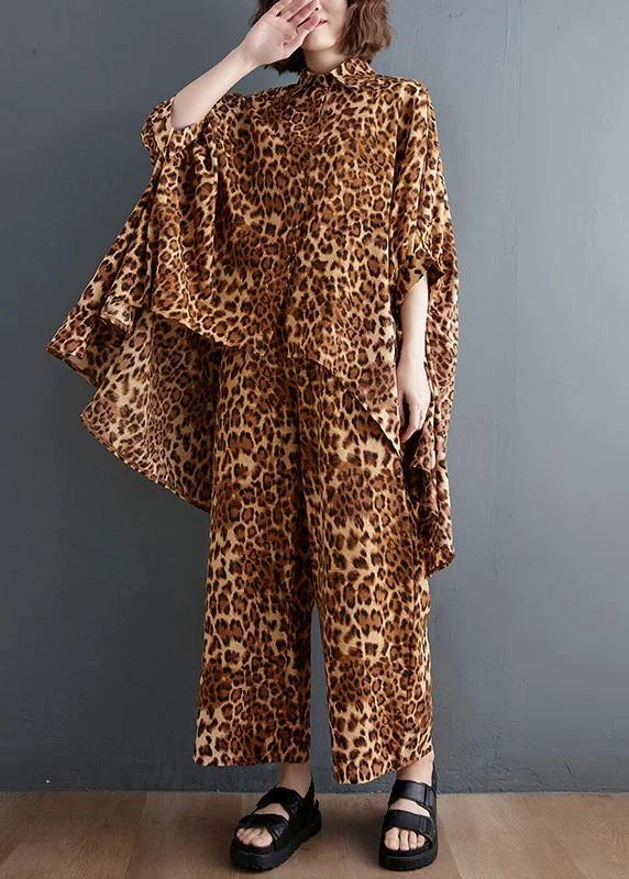 Leopard Chiffon Two Piece Irregular Shirt Wide Leg Capris Elegant Button Shirt