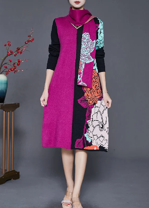 Unique Purple Black Print Patchwork Complimentary Scarf Knit Sweater Dress Fall Casual Sweater Gown Unique Purple Black Print Patchwork Complimentary Scarf Knit Sweater Dress Fall Casual Sweater Gown