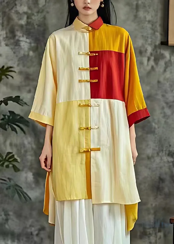 New Yellow Button Patchwork Cotton Shirts Dresses Bracelet Sleeve Relaxed Fit Shirt