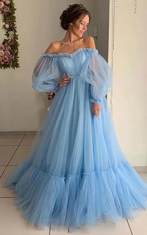 Tulle Floor-length Brush Train Ball Gown Long Sleeve Ethereal Prom Dress with Ruffles-334282 Tulle Dress Silhouette Tulle Floor-length Brush Train Ball Gown Long Sleeve Ethereal Prom Dress with Ruffles-334282 Tulle Dress Silhouette