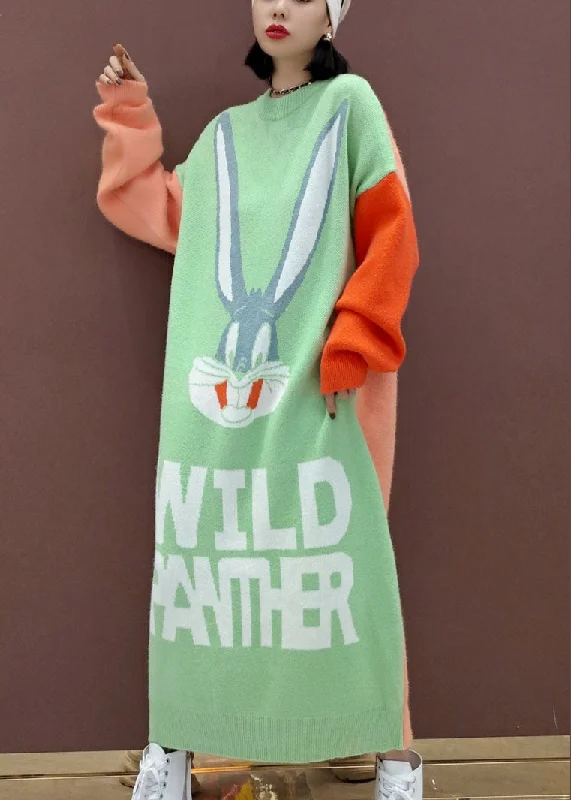 Loose Green Animal Patchwork Knit Sweater Dress Spring Casual Knit Sweater