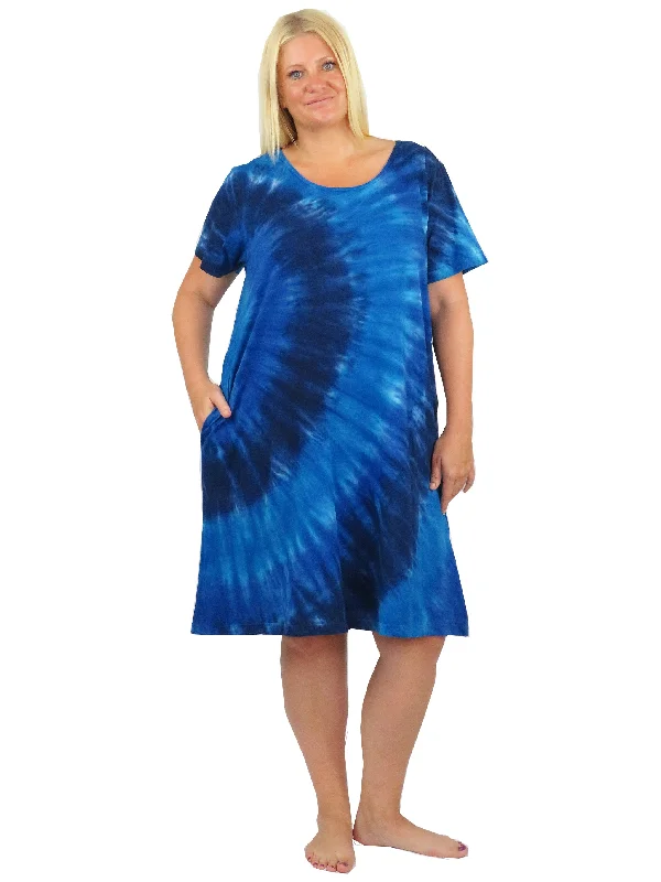 La Cera Cotton Knit Short Sleeve Denim Blue Tie-Dye Dress - Plus Size Plus Size Day