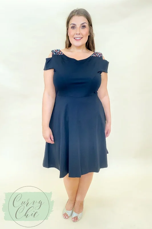 Embellished Cold Shoulder Black Plus Size Skater Dress Bold Plus Gown