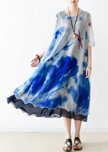 Bohemian o neck pockets chiffon Long Shirts Indian Sleeve blue print Dress Summer Elegant Shirt Dress Bohemian o neck pockets chiffon Long Shirts Indian Sleeve blue print Dress Summer Elegant Shirt Dress
