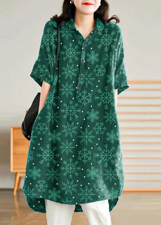 Jade dark green-snowflake Linen Women Casual Linen Shirt Dress Summer Shirt Dress