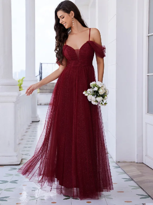 Elegant Spaghetti Straps Sweetheart Neckline Pleated Tulle Bridesmaid Dresses with Padded Enough Casual Tulle Dress Elegant Spaghetti Straps Sweetheart Neckline Pleated Tulle Bridesmaid Dresses with Padded Enough Casual Tulle Dress