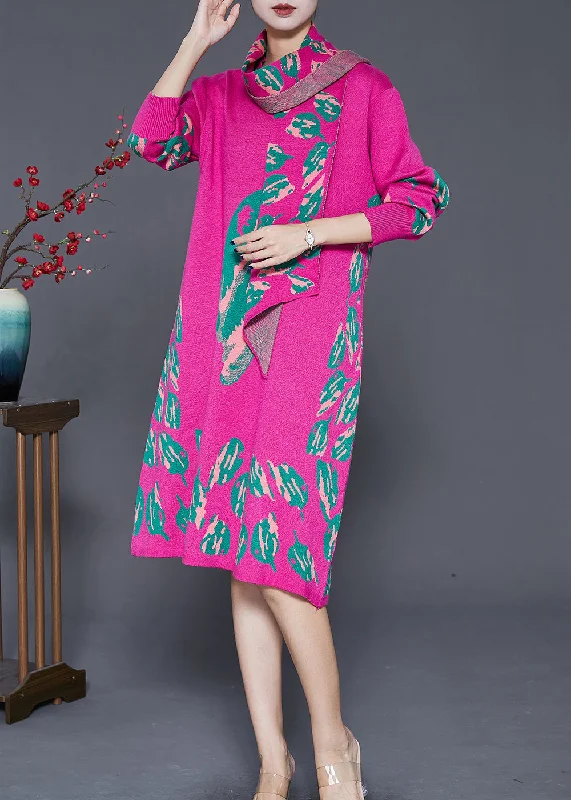 Modern Rose Oversized Print Complimentary Scarf Knit Long Sweater Fall Sweater Dress Casual Modern Rose Oversized Print Complimentary Scarf Knit Long Sweater Fall Sweater Dress Casual