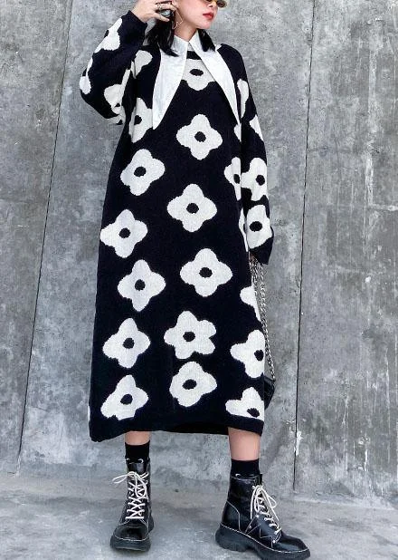 Knitted black print Sweater Aesthetic Women o neck baggy knit dress Casual Winter Sweater Knitted black print Sweater Aesthetic Women o neck baggy knit dress Casual Winter Sweater