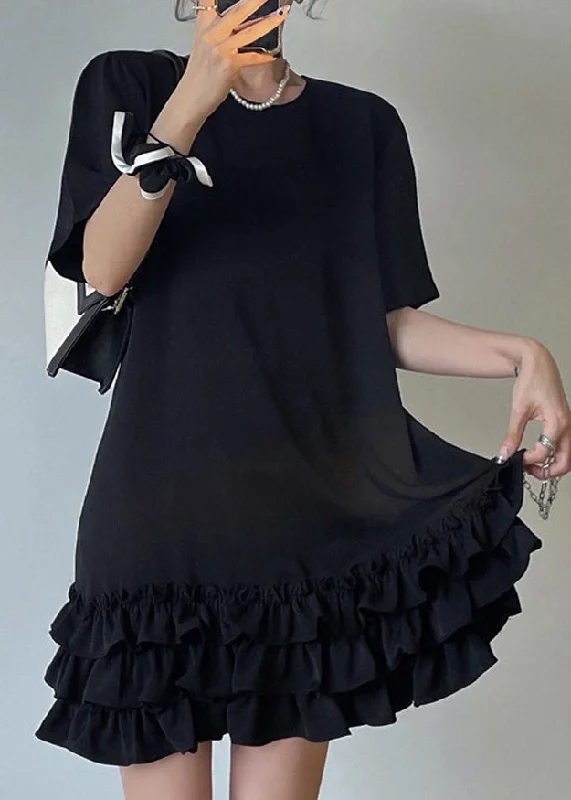 Stylish Black Ruffled Patchwork Cotton T Shirt Dress Summer Classic Button Shirt