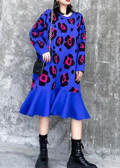 For Work blue print Sweater weather Largo o neck Ruffles Big knit dress Soft Knit Sweater For Work blue print Sweater weather Largo o neck Ruffles Big knit dress Soft Knit Sweater