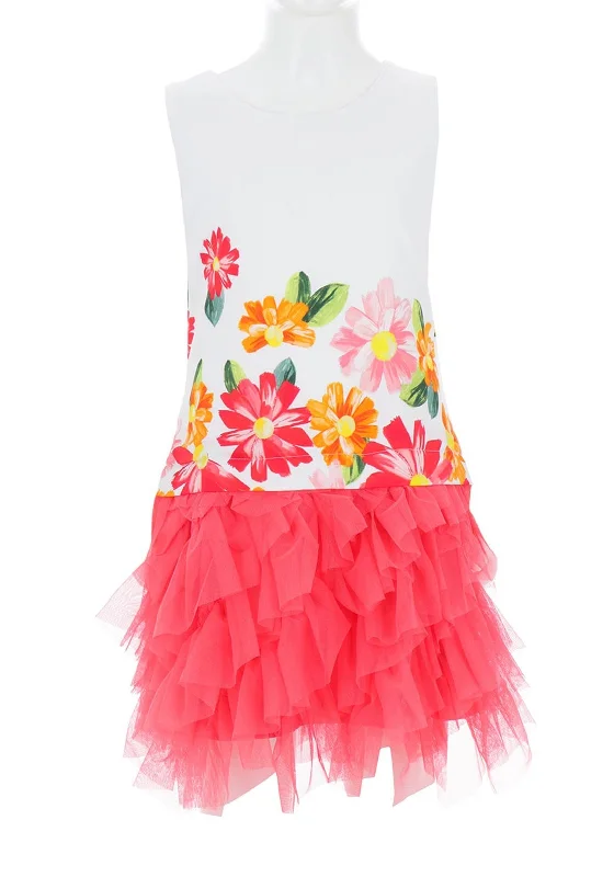 Mayoral Flower Tulle Dress, Coral Sparkling Tulle Dress