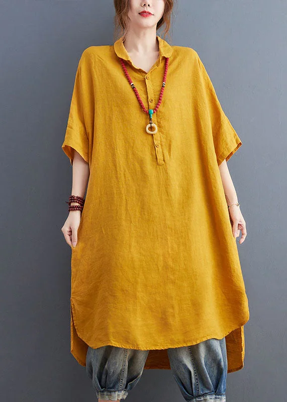 Loose Yellow Peter Pan Collar Patchwork Cotton Shirts Dress Summer Shirt Dress Style Loose Yellow Peter Pan Collar Patchwork Cotton Shirts Dress Summer Shirt Dress Style