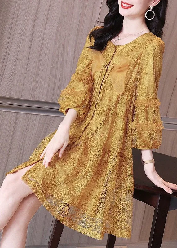 Italian Yellow Ruffled Button Lace Shirt Mid Dress Bracelet Sleeve Shirt Dress Chic