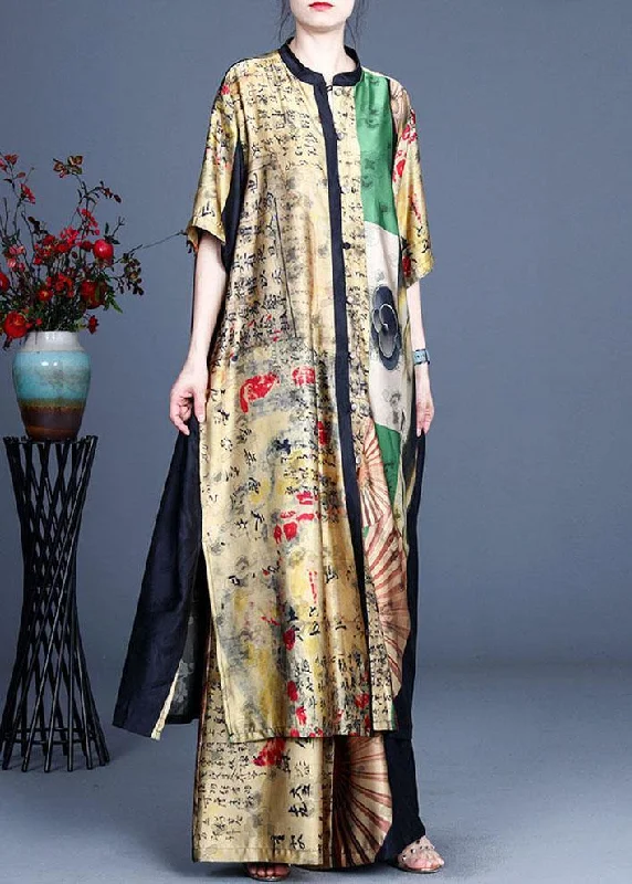 Stylish Yellow Asymmetrical Design retro Print Summer long shirts Two Pieces Set Relaxed Shirt Dress Stylish Yellow Asymmetrical Design retro Print Summer long shirts Two Pieces Set Relaxed Shirt Dress