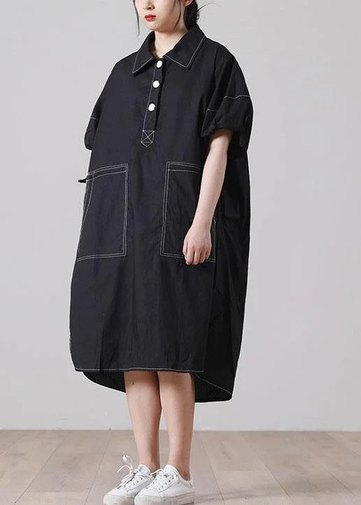 Simple Black Pockets Cotton long shirts Summer Dress Casual Fit Shirt