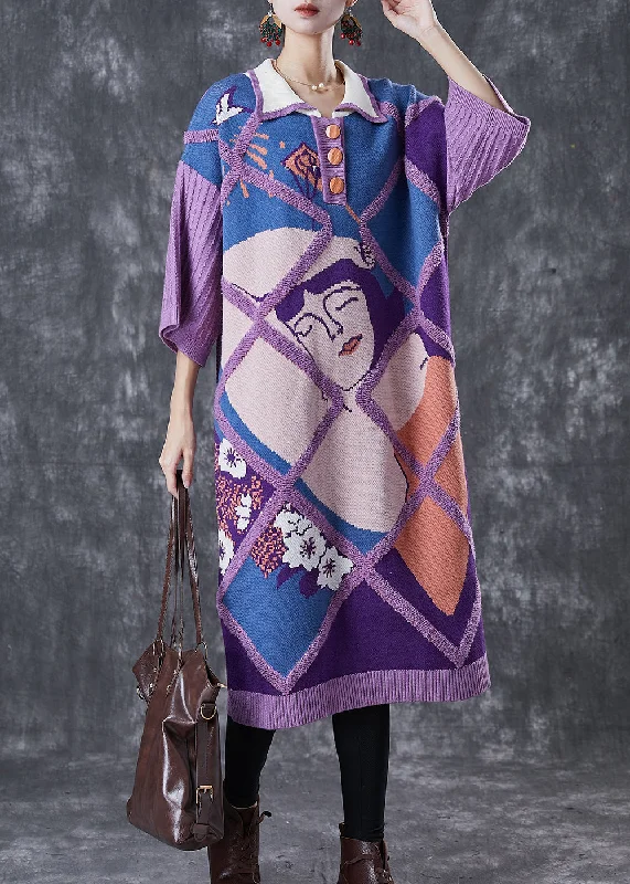 Casual Purple Peter Pan Collar Print Knit Long Sweater Half Sleeve Simple Sweater Dress Casual Purple Peter Pan Collar Print Knit Long Sweater Half Sleeve Simple Sweater Dress