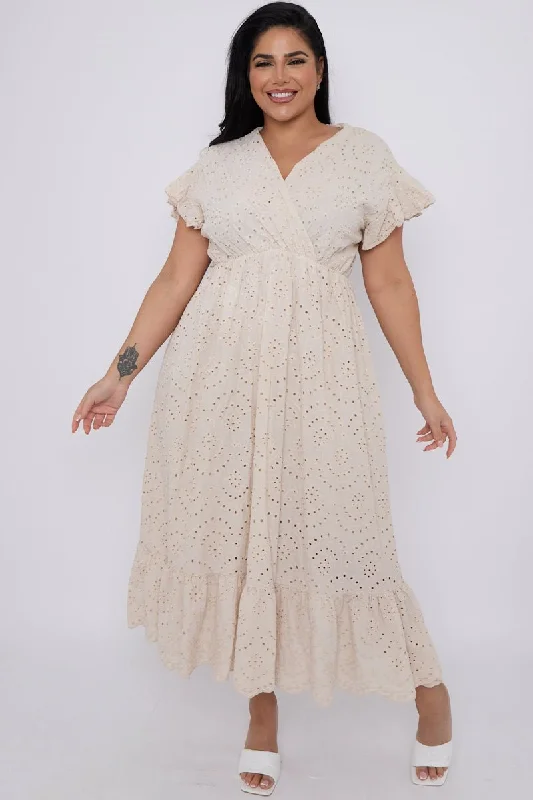 Plus Size Beige Broderie Lace Wrap Top Frill Hem Dress Plus Size Stylish