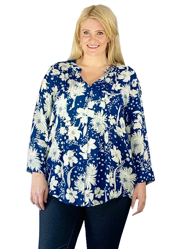 Pleat Front Printed Rayon Top - Plus Size Plus Size Embroidered