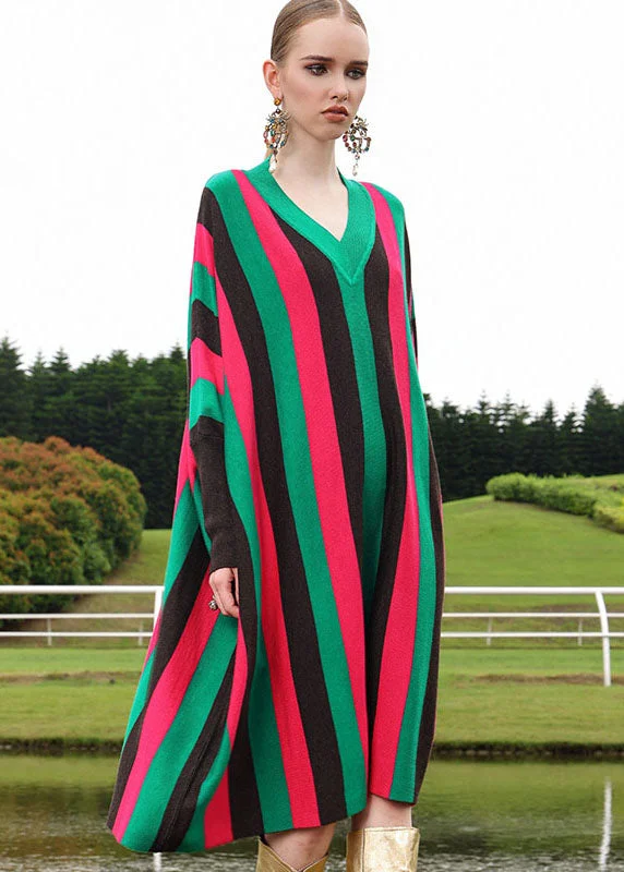 Fine Red V Neck Striped Woolen Long Sweater Dress Long Sleeve Sweater Dress Combo