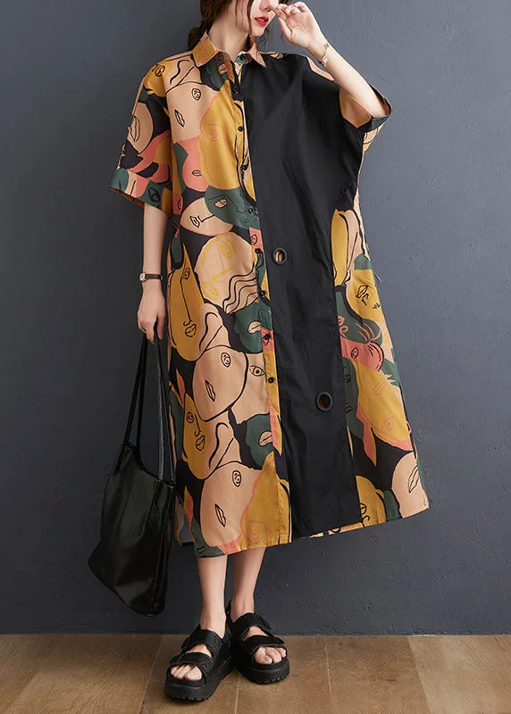 Art Colorblock Peter Pan Collar Side Open Graphic Patchwork Cotton Shirt Dress Batwing Sleeve Flared Shirt Dress Art Colorblock Peter Pan Collar Side Open Graphic Patchwork Cotton Shirt Dress Batwing Sleeve Flared Shirt Dress