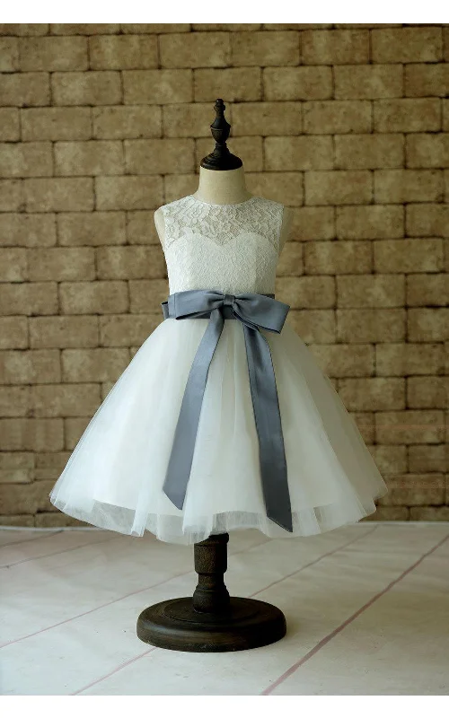 Ivory Lace Tulle Flower Girl Dress With Sash and Bow-ET_401640 Tulle Dress Chic
