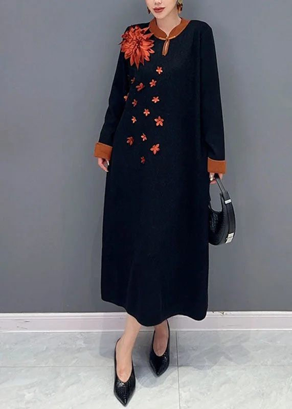 Unique Black Print Long Knit Sweater Dress Long Sleeve Casual Winter Sweater