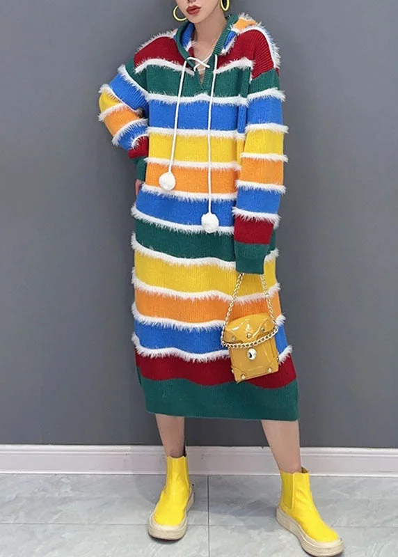 Stylish Rainbow Striped Patchwork Hooded Long Knit Sweater Dress Fall Chunky Knit Sweater Dress Stylish Rainbow Striped Patchwork Hooded Long Knit Sweater Dress Fall Chunky Knit Sweater Dress