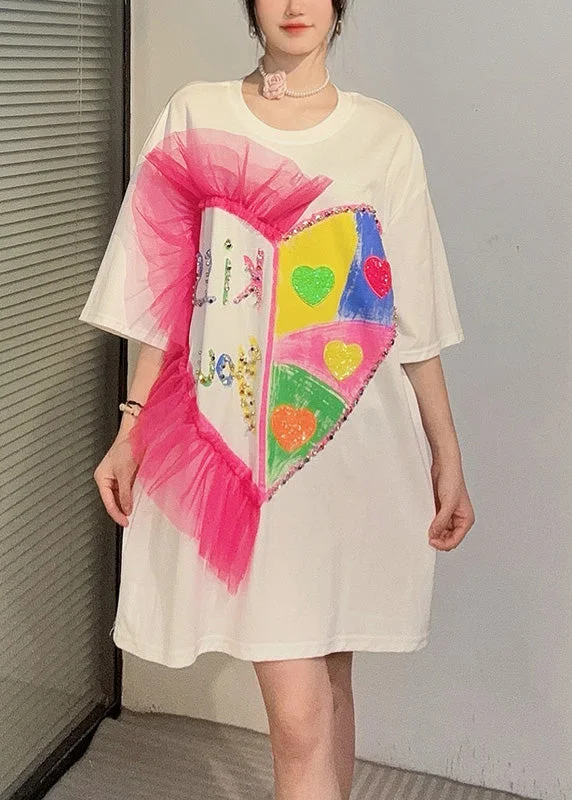 White Patchwork Cotton T Shirt Dress Ruffled Zircon Summer Mini Shirt Dress