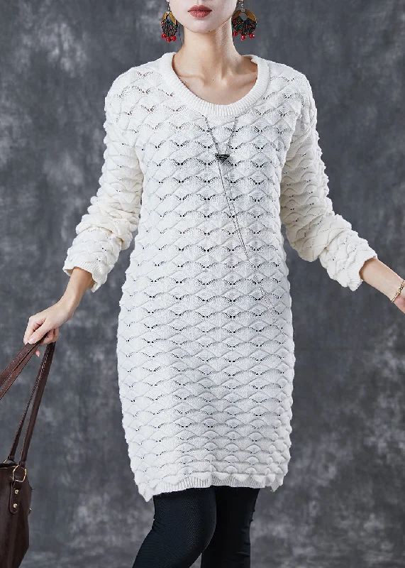 Casual White O-Neck Thick Knit Sweater Dress Winter Trendy Knit Sweater
