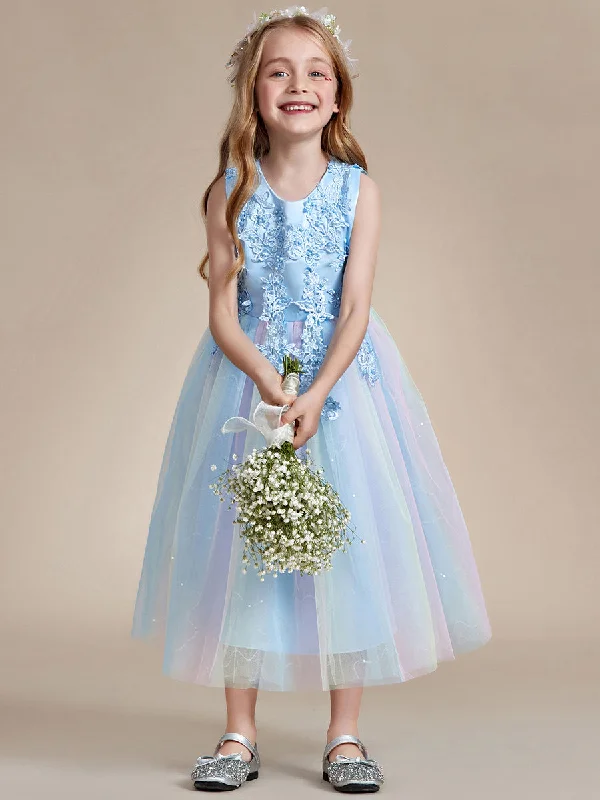 Pretty Lace and Tulle Flower Girl Dress with Flower Appliques Tulle Evening Gown