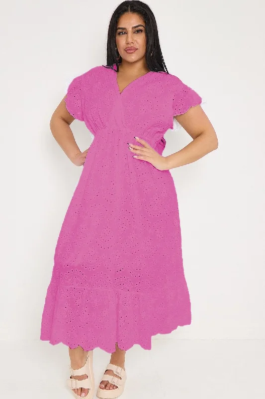 Plus Size Pink Broderie Lace Wrap Top Frill Hem Dress Plus Size Flowing